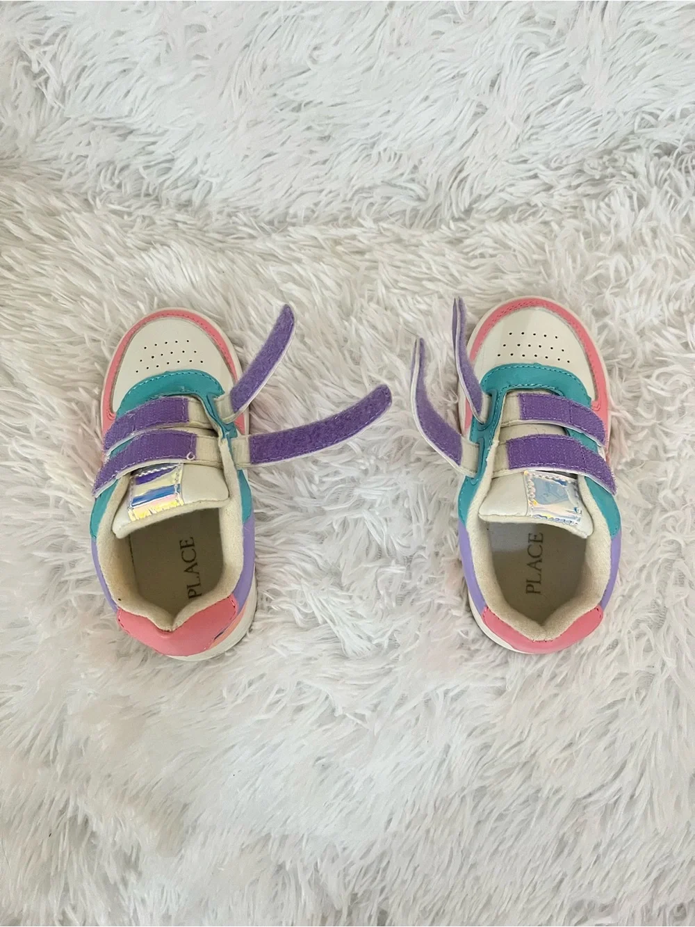 Children's Place white sneakers, pink and purple details, holographic star